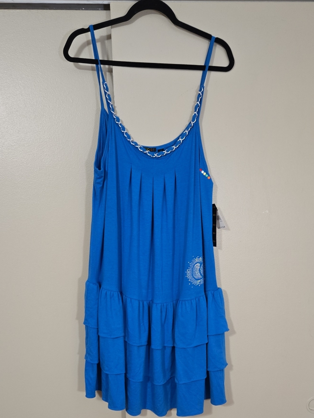 Coogi Blue Ruffle Tiered Spaghetti Strap Dress Crystal 'Cool' Accent Size 1X NWT